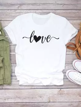 (Азиатский размер) Женская футболка с надписью «Love», милая тенденция 90-х годов, модная женская футболка с коротким рукавом и принтом, повседневная футболка, женские футболки с графическим рисунком S