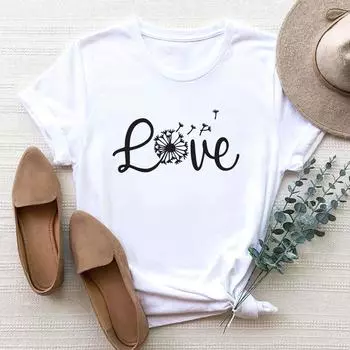 (Азиатский размер) Женская футболка с надписью «Love Trend», тренд «Одуванчик», милая одежда, футболка с принтом, модная футболка, женские футболки с коротким рукавом и графикой S