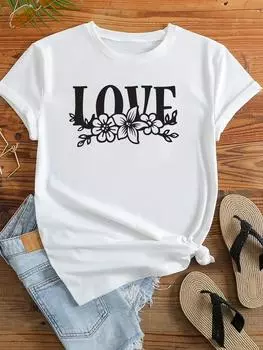 (Азиатский размер) Женская футболка с надписью Love Flower Letter Trend, милая модная одежда с коротким рукавом 90-х годов, повседневная футболка с женским принтом, женская футболка, футболки с графическим рисунком S