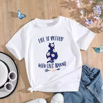 (Азиатский размер) Женская футболка с надписью Cat, забавная тенденция, милая милая одежда, футболка с принтом, модная футболка, женские футболки с коротким рукавом и графикой S