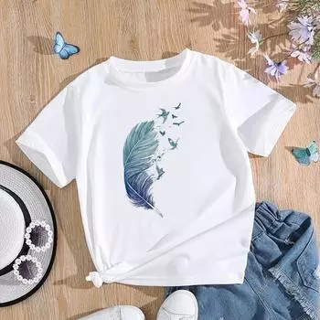 (Азиатский размер) Женская футболка с перьями и акварелью в стиле 90-х годов, милая футболка с принтом, модная футболка, женская футболка, футболки с короткими рукавами и графикой S
