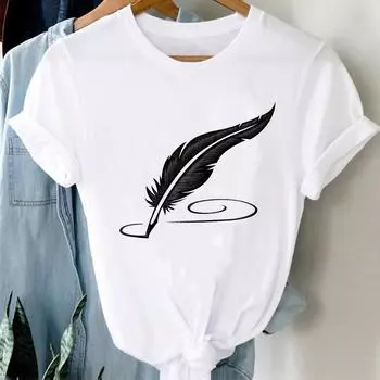 (Азиатский размер) Женская футболка с перьями в милом стиле 90-х годов с принтом, женская футболка с короткими рукавами, одежда, повседневная модная футболка, женская футболка с графическим рисунком S
