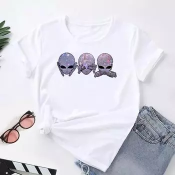 (Азиатский размер) Женская футболка с принтом Alien Face Trend, милый стиль, модная футболка, женская одежда, футболки с короткими рукавами и графикой S