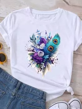 (Азиатский размер) Женская футболка с принтом бабочки и цветка, милая женская графическая повседневная футболка с коротким рукавом, футболка, верхняя одежда S
