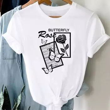 (Азиатский размер) Женская футболка с принтом бабочки и буквами 90-х годов, милый милый верхний костюм, повседневная модная футболка с короткими рукавами, женская футболка с графикой S