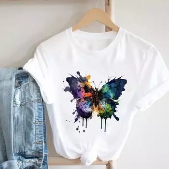(Азиатский размер) Женская футболка с принтом бабочки и любви, модная футболка, повседневная женская футболка с коротким рукавом и графическим рисунком S
