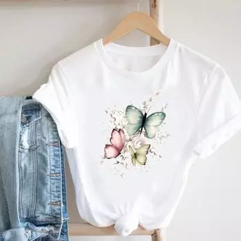 (Азиатский размер) Женская футболка с принтом бабочки и цветка, милая милая женская футболка, повседневная модная футболка с коротким рукавом, женские футболки с графикой S