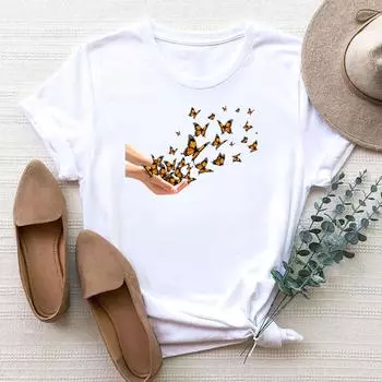 (Азиатский размер) Женская футболка с принтом бабочки и рисунком 90-х годов, модная футболка, женская футболка, футболки с короткими рукавами и графикой S