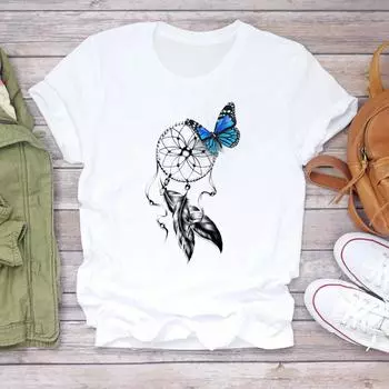 (Азиатский размер) Женская футболка с принтом Butterfly Dream Web Style Trend, милая женская футболка с короткими рукавами, одежда, повседневная модная футболка, женская футболка с рисунком S