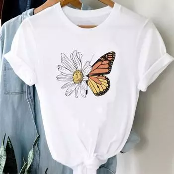(Азиатский размер) Женская футболка с принтом, цветочный тренд, милый стиль, милая модная футболка 90-х годов, одежда, повседневная женская футболка с коротким рукавом с графическим рисунком S