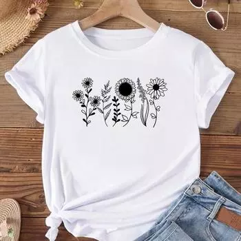 (Азиатский размер) Женская футболка с принтом, цветочный стиль, тренд, стиль 90-х, модная футболка, женская футболка, одежда с коротким рукавом, графические футболки S