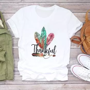 (Азиатский размер) Женская футболка с принтом «Цветок и перья», модная милая верхняя одежда, повседневная футболка с коротким рукавом, женская графическая футболка S