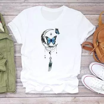 (Азиатский размер) Женская футболка с принтом Dream Web Butterfly, милая трендовая одежда, повседневная модная футболка с короткими рукавами, женская футболка с графическим рисунком S