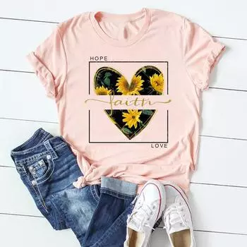 (Азиатский размер)Женская футболка с принтом Faith Love Heart Trend Стиль Симпатичная модная футболка с короткими рукавами Одежда Повседневная женская футболка с рисунком S