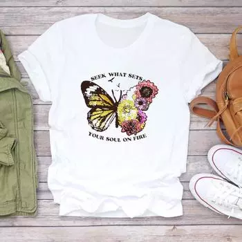 (Азиатский размер) Женская футболка с принтом и бабочкой, милая цветочная верхняя одежда 90-х годов, повседневная модная футболка с короткими рукавами, женская футболка с графическим рисунком S