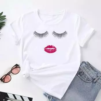 (Азиатский размер) Женская футболка с принтом и ресницами, милый тренд, милый стиль, модная футболка, женская женская одежда, футболки с короткими рукавами и графикой S
