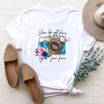 (Азиатский размер) Женская футболка с принтом и камерой, цветочный тренд, милая модная футболка 90-х годов, женская футболка, одежда с коротким рукавом, футболки с графикой S