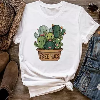 (Азиатский размер) Женская футболка с принтом кактуса, трендовая милая модная футболка, женская футболка, одежда с короткими рукавами и графическим рисунком S