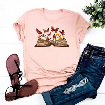 (Азиатский размер)Женская футболка с принтом «Книга-бабочка» 90-х годов, тренд, милая модная футболка с короткими рукавами, одежда, повседневная женская футболка с рисунком S