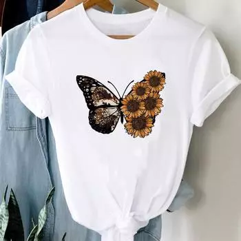 (Азиатский размер) Женская футболка с принтом, леопардовая модная футболка с бабочкой, милая модная футболка, одежда, повседневная женская футболка с коротким рукавом и графикой S
