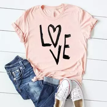 (Азиатский размер)Женская футболка с принтом, летняя модная футболка с надписью Love, милый топ с коротким рукавом, модная футболка, одежда, повседневная женская футболка с графическим рисунком S