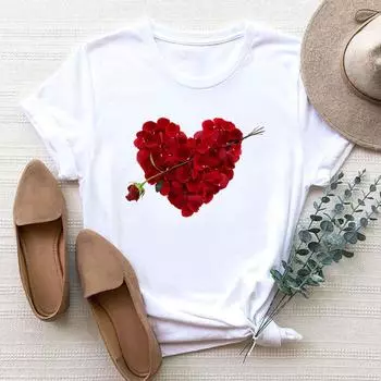 (Азиатский размер) Женская футболка с принтом Love Heart Valentine Trend, милая одежда, модная футболка, женские футболки с коротким рукавом и графикой S