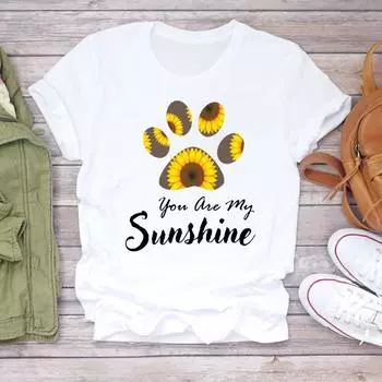 (Азиатский размер) Женская футболка с принтом Love Dog Paw Cat Pet Trend Симпатичная женская футболка 90-х годов Одежда Повседневная модная футболка с короткими рукавами Женская футболка с рисунком S