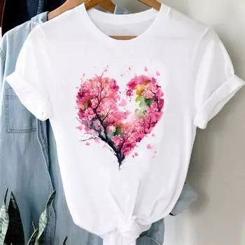 (Азиатский размер) Женская футболка с принтом Love Heart Flower Trend 90-х годов Одежда Повседневная модная футболка с коротким рукавом Женские футболки с графикой S