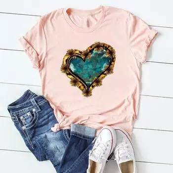 (Азиатский размер)Женская футболка с принтом Love Heart в винтажном стиле, трендовая милая модная футболка с коротким рукавом, одежда, повседневная женская футболка с рисунком S
