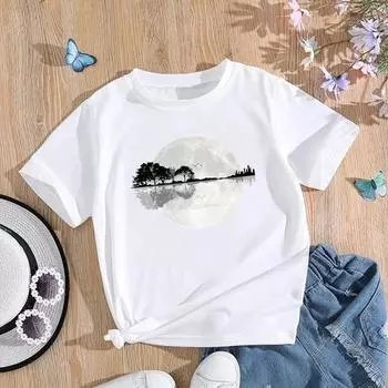 (Азиатский размер) Женская футболка с принтом Луны, акварельный стиль, милая модная футболка, женская одежда, футболки с короткими рукавами и графикой S