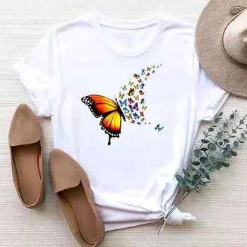 (Азиатский размер) Женская футболка с принтом, милая бабочка, тренд 90-х, милая модная футболка, женская футболка, одежда с коротким рукавом, футболки с графикой S