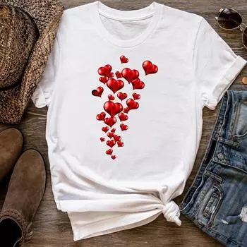 (Азиатский размер) Женская футболка с принтом, милый стиль, сладкий топ с сердечками, модная футболка, женская футболка, футболки с короткими рукавами и графикой S
