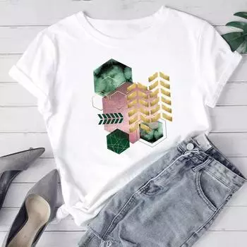 (Азиатский размер) Женская футболка с принтом, милый стильный геометрический тренд, модная футболка, женская одежда, футболки с короткими рукавами и графикой S