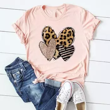 (Азиатский размер)Женская футболка с принтом, модная футболка с коротким рукавом, леопардовая футболка с принтом Love Heart, милый стиль 90-х годов, повседневная женская женская футболка с графикой S
