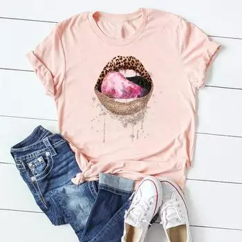 (Азиатский размер)Женская футболка с принтом, модная футболка с коротким рукавом, милый стильный тренд, милая забавная одежда для губ, повседневная женская женская футболка с графикой S