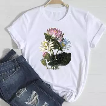 (Азиатский размер) Женская футболка с принтом, модная акварельная летняя футболка с цветочным принтом, милый стиль, женская повседневная футболка с коротким рукавом и графикой S