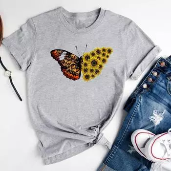 (Азиатский размер)Женская футболка с принтом, модная футболка, женская футболка с цветочным принтом и бабочкой, милая, сладкая, графическая одежда 90-х годов, повседневная футболка с коротким рукавом S