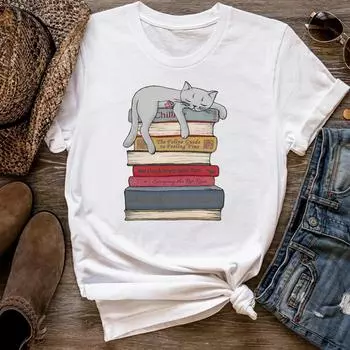 (Азиатский размер) Женская футболка с принтом, модная футболка с кошачьими книгами, трендовая милая женская футболка 90-х годов, женская футболка с короткими рукавами и графическим рисунком S