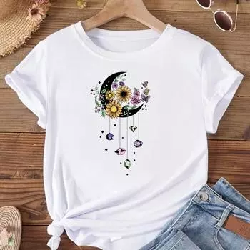 (Азиатский размер) Женская футболка с принтом Moon Flower Trend, милая модная футболка, женская футболка, одежда, футболки с короткими рукавами и графикой S