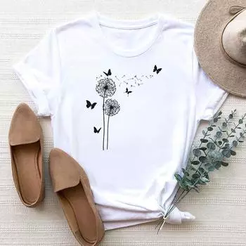 (Азиатский размер) Женская футболка с принтом «Одуванчик и бабочка», сладкий трендовый топ, модная футболка, женская футболка, одежда, футболки с короткими рукавами и графикой S