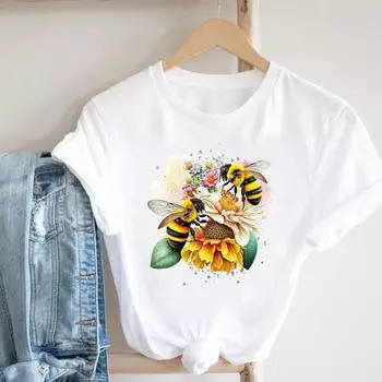 (Азиатский размер) Женская футболка с принтом пчелиного цветка, милая женская футболка 90-х годов, верхняя одежда, повседневная модная футболка с короткими рукавами, женские футболки с графическим рисунком S