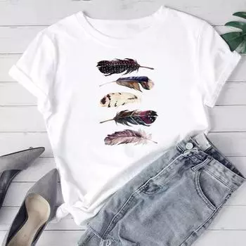 (Азиатский размер) Женская футболка с принтом перьев, акварель, милый винтажный топ, модная футболка, женская одежда, футболки с короткими рукавами и графикой S