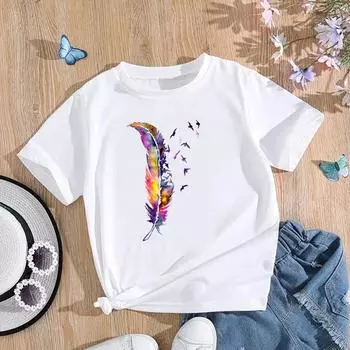 (Азиатский размер) Женская футболка с принтом перо Love Trend, милая верхняя модная футболка 90-х годов, женская футболка, одежда с коротким рукавом, футболки с графикой S