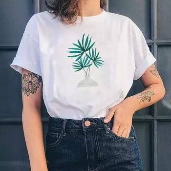 (Азиатский размер) Женская футболка с принтом, полосатая футболка с растением, милая модная футболка 90-х годов, женская летняя женская футболка, футболки с короткими рукавами и графикой