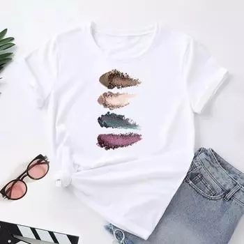 (Азиатский размер) Женская футболка с принтом, полосатый дизайн ногтей, трендовая милая модная футболка, женская одежда, футболки с короткими рукавами и графикой S
