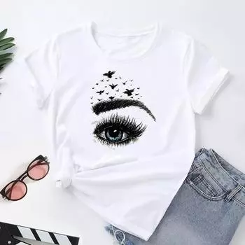 (Азиатский размер) Женская футболка с принтом ресниц, трендовая милая футболка в стиле 90-х, модная футболка, женская одежда, футболки с короткими рукавами и графикой S