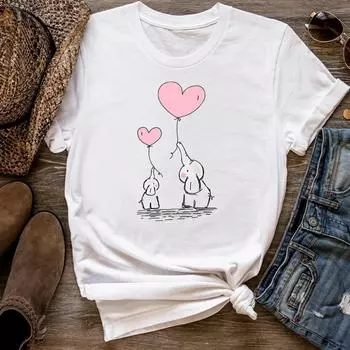 (Азиатский размер) Женская футболка с принтом слона в стиле любви, милый топ 90-х годов, модная футболка, женская футболка, одежда с коротким рукавом, футболки с графикой S