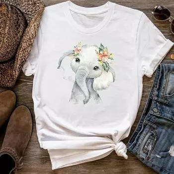 (Азиатский размер) Женская футболка с принтом слона, милый стильный тренд, милая верхняя модная футболка 90-х годов, женская футболка, женская одежда, футболки с короткими рукавами и графикой S