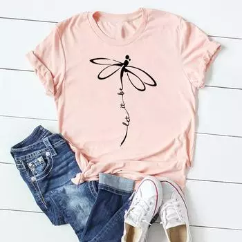 (Азиатский размер)Женская футболка с принтом Стрекоза, милый стильный тренд, милая модная футболка с коротким рукавом, одежда, повседневная женская футболка с рисунком S