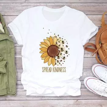 (Азиатский размер) Женская футболка с принтом, топ с пчелиным цветком, милая трендовая милая одежда, повседневная модная футболка с короткими рукавами, женская футболка с графическим рисунком S